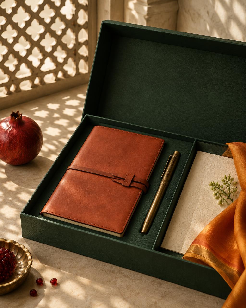 Midnight navy corporate presentation box with a leather notebook and gold pen