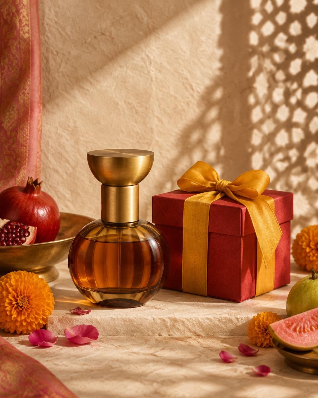 Midnight navy VARMAN gift box and a gold perfume bottle in warm architectural light
