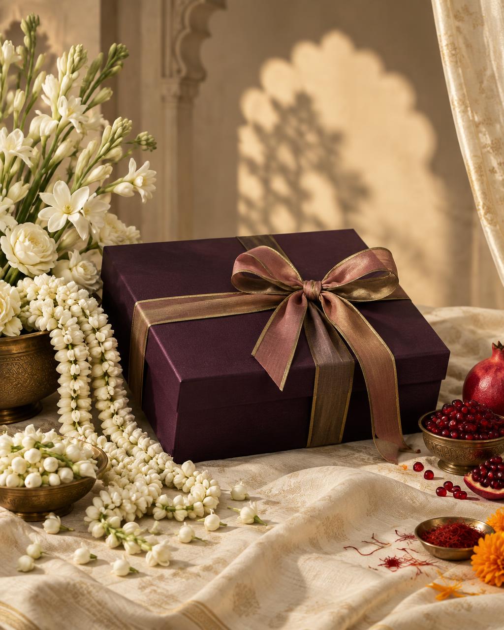 Ivory and blush wedding flowers beside a midnight navy gift box with champagne ribbon