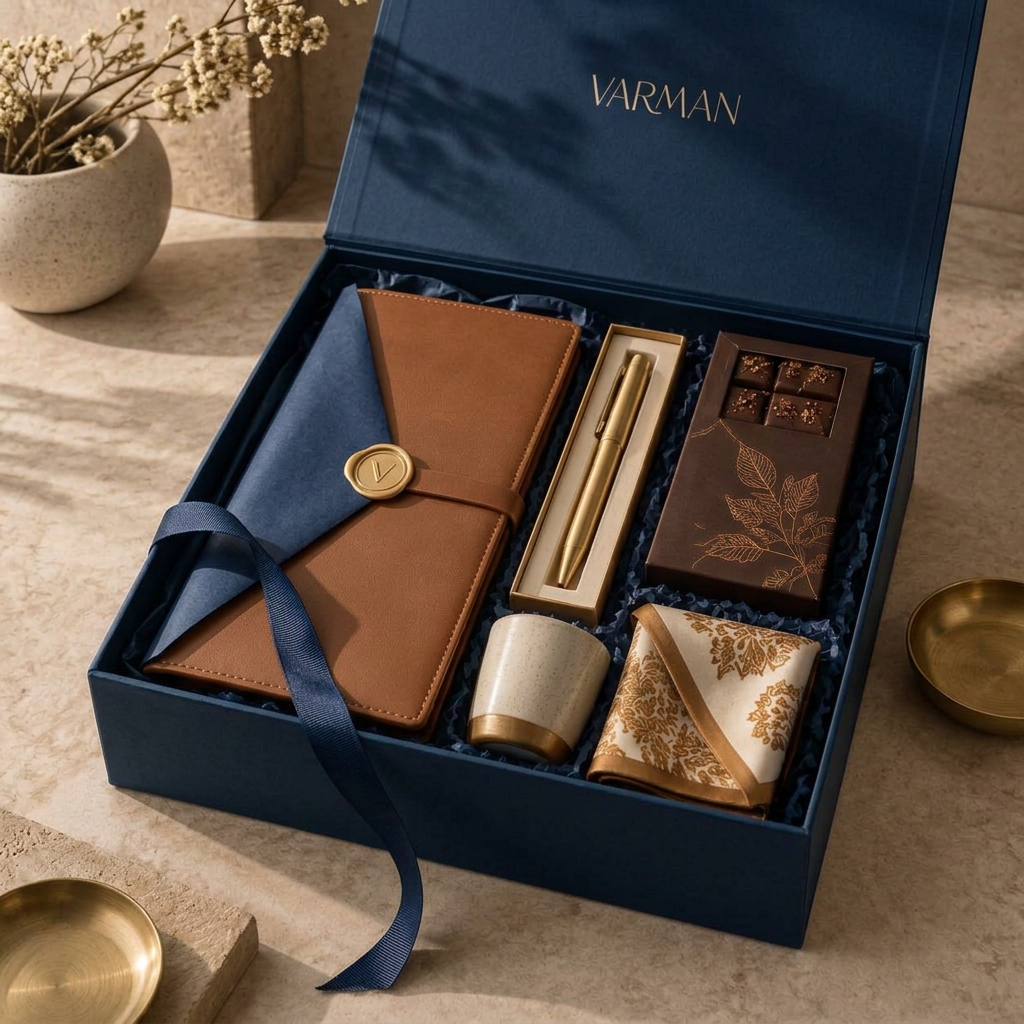Luxury executive gift hamper with leather journal and brass pen