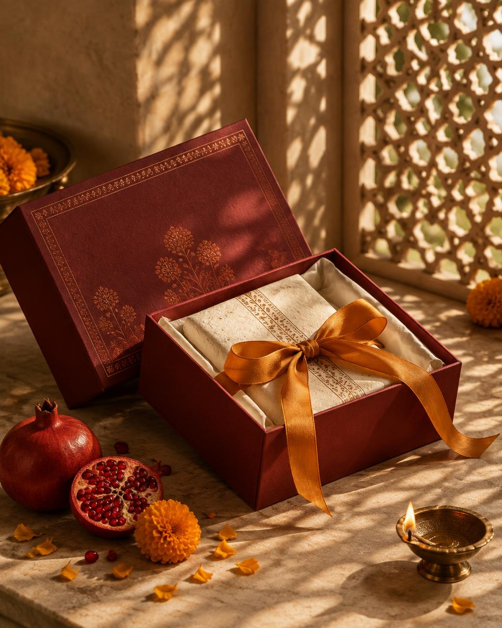 Pomegranate red gift box with saffron ribbon in warm Indian jali light