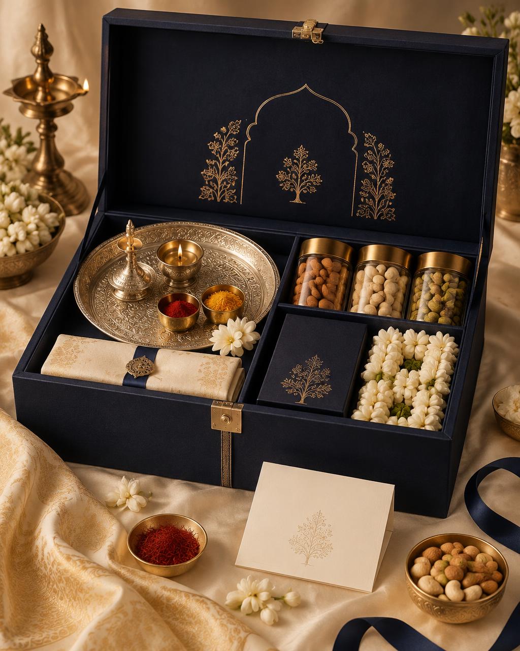 Midnight navy VARMAN wedding ritual trunk with pooja thali, dry fruits, saffron and jasmine garlands