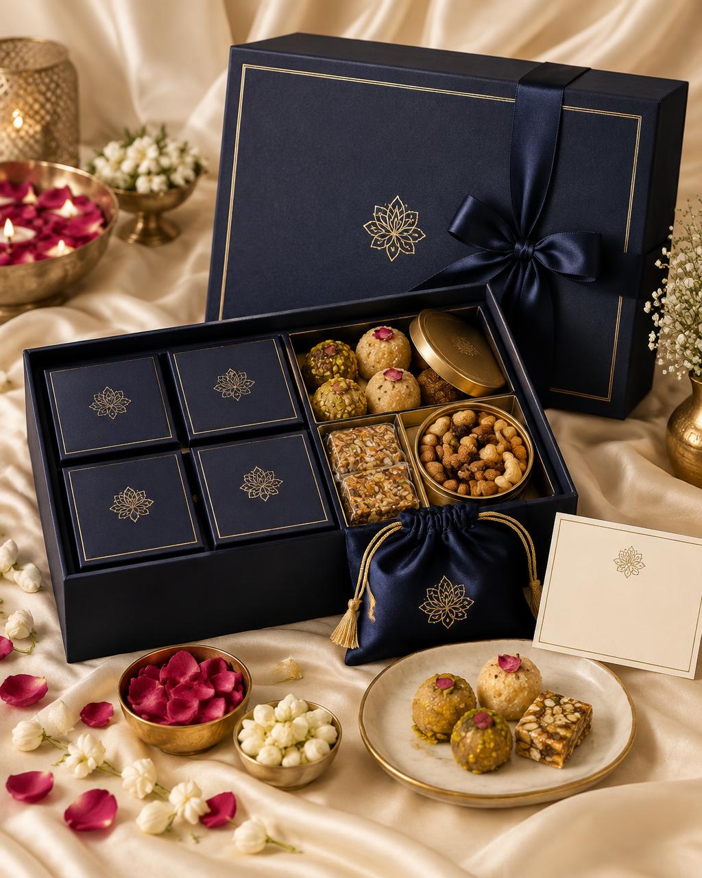 Midnight navy VARMAN wedding favour boxes with mithai, dry fruits, rose petals and champagne-gold details