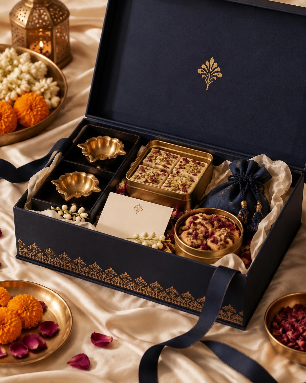 Midnight navy VARMAN wedding welcome chest with mithai, brass diyas, florals and champagne-gold accents